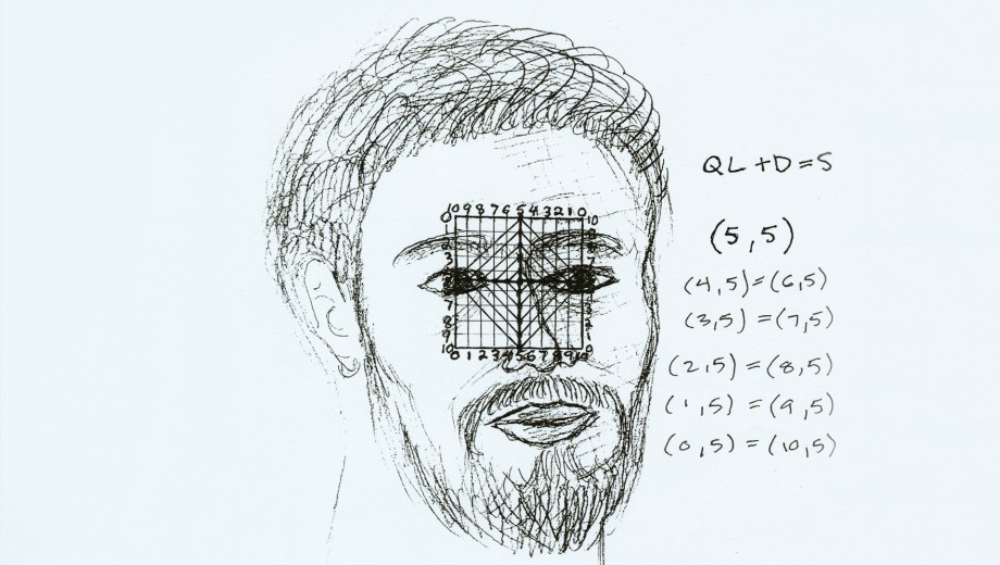 Self-Portrait with Grid, a sketch by Gabriel Mitchell, appears in "Mental Traveler."