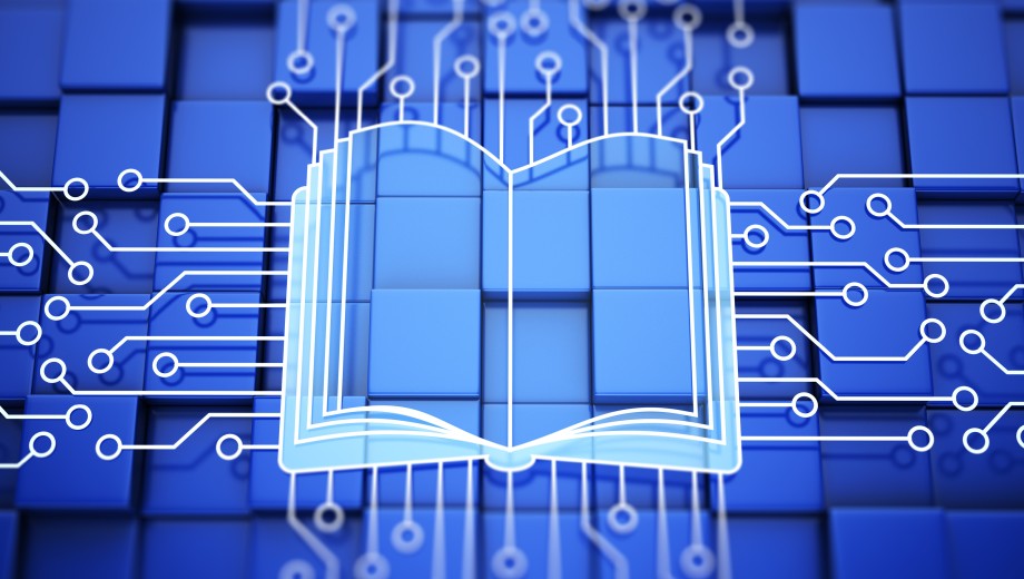 An image of a book overlaid with computer chip patterns