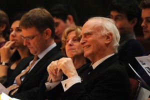 Philip Gossett enjoys the recital in his honor, seated with wife Suzanne (center) and son David, U-High’97, JD’97 (far left).