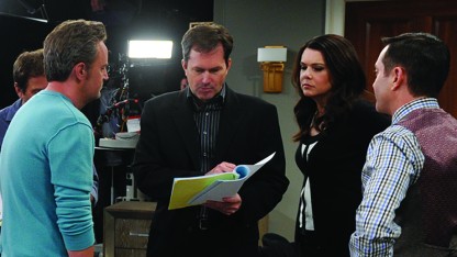 Daily gives notes to Lauren Graham and other actors in the CBS sitcom "The Odd Couple."